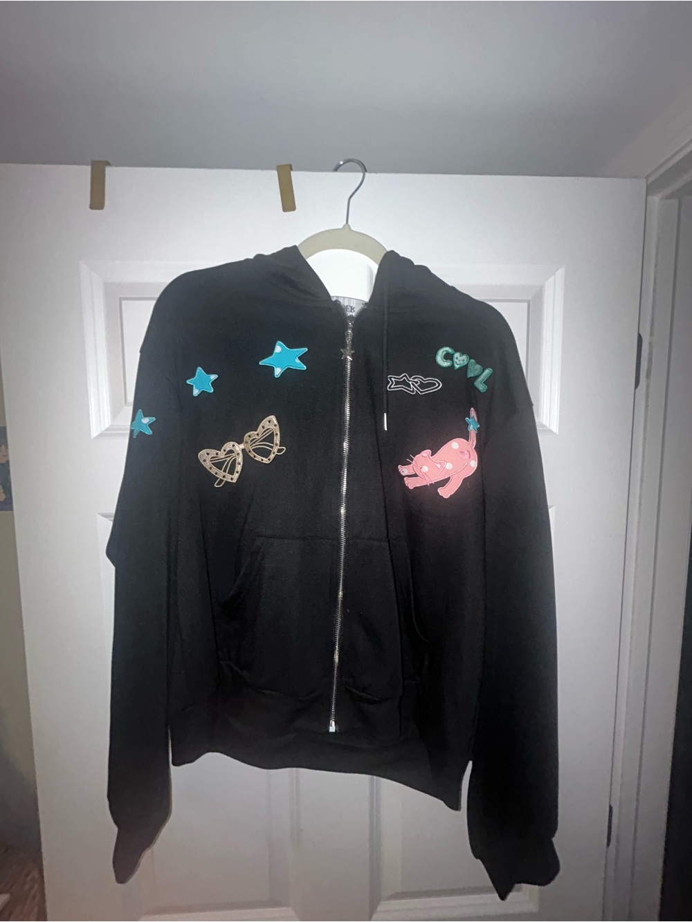 Black Graphic Zip-Up Hoodie - Cool Stars & Patches